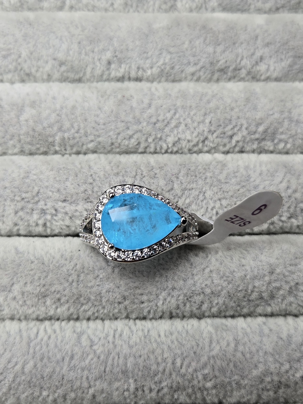 Size 9 Aqua Blue Quartz Cubic Zirconia Rhodium Plated Bomb Party Ring